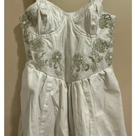 Free People Janelle Bubble Dress Denim Beaded Romper 0 NWT - Picture 7 of 11